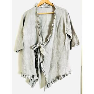 CobbleStone 100% Linen Women's Jacket Gray Neutral Tie Front Ruffle Collar OS